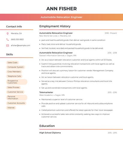 Automobile Relocation Engineer Resume