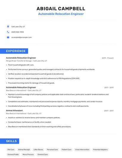 Automobile Relocation Engineer Resume
