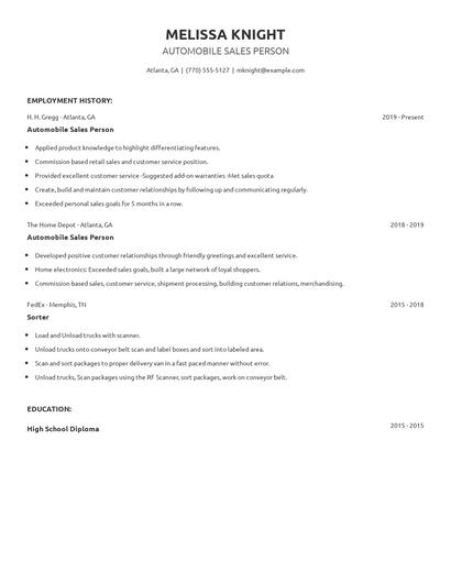 Automobile Sales Person Resume
