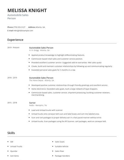 Automobile Sales Person Resume
