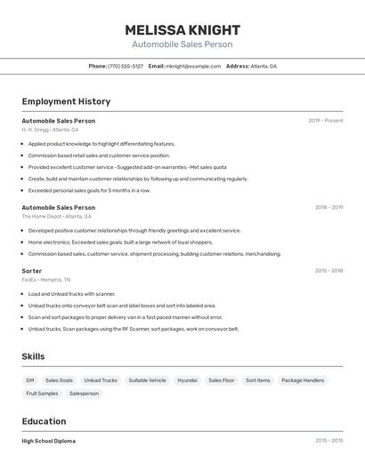 Automobile Sales Person Resume