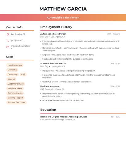 Automobile Sales Person Resume