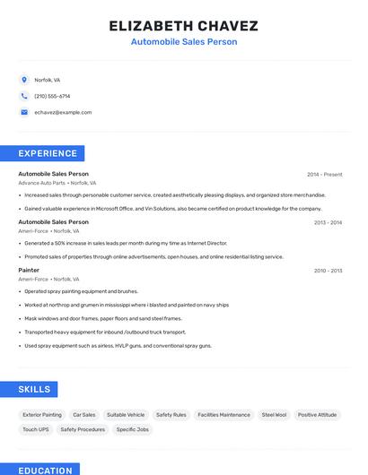 Automobile Sales Person Resume