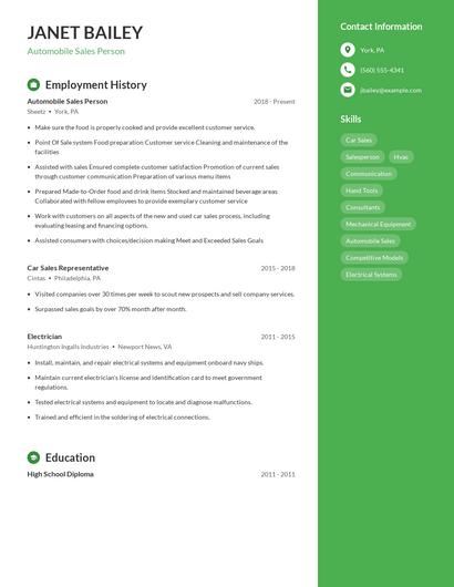 Automobile Sales Person Resume