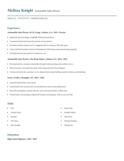 Automobile Sales Person Resume
