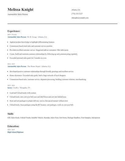 Automobile Sales Person Resume