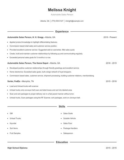 Automobile Sales Person Resume