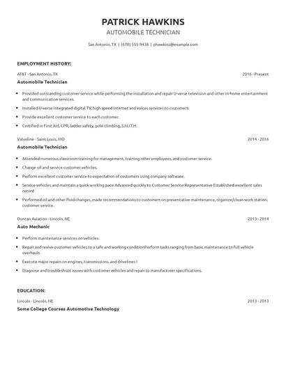 Automobile Technician Resume