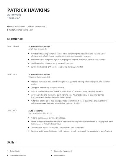 Automobile Technician Resume