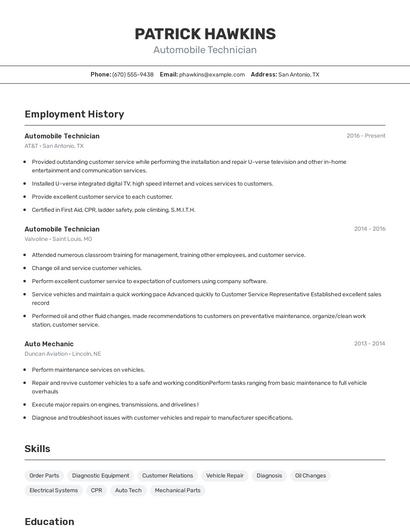 Automobile Technician Resume