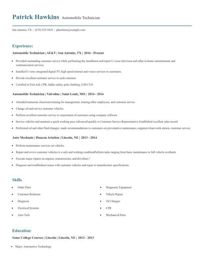 Automobile Technician Resume