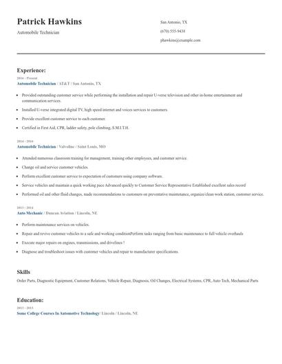 Automobile Technician Resume