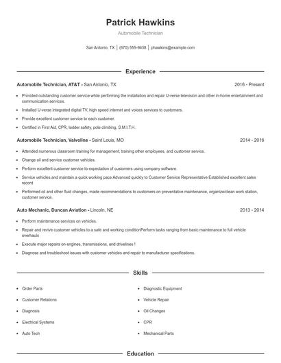 Automobile Technician Resume