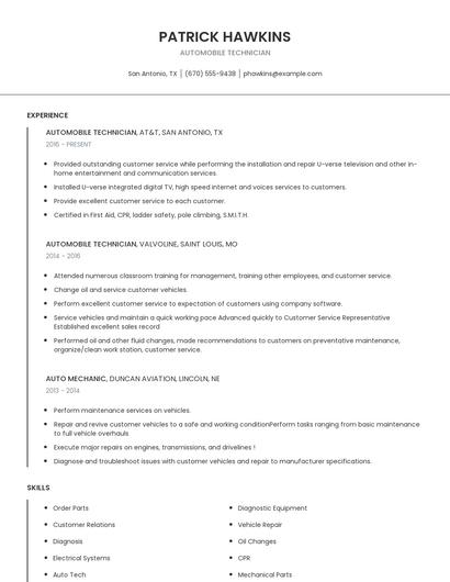 Automobile Technician Resume