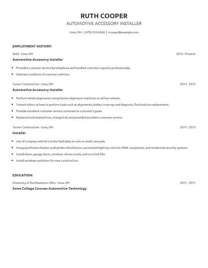 Automotive Accessory Installer Resume