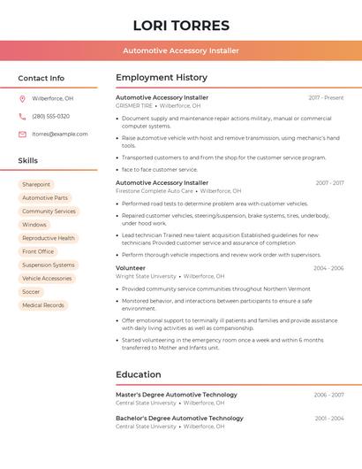 Automotive Accessory Installer Resume