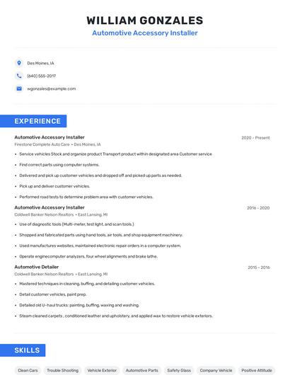 Automotive Accessory Installer Resume