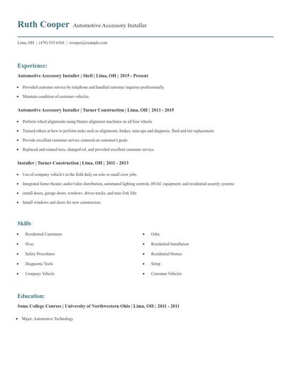 Automotive Accessory Installer Resume