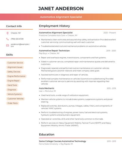Automotive Alignment Specialist Resume