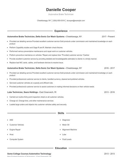 Automotive Brake Technician Resume