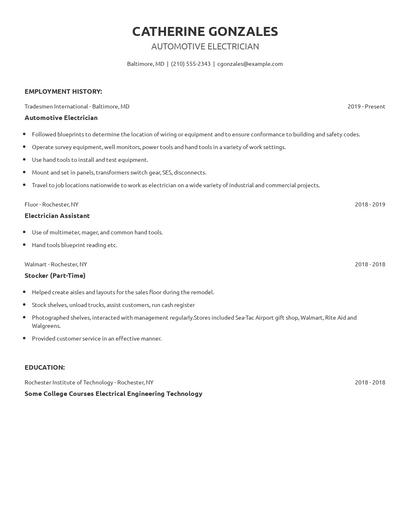 Automotive Electrician Resume