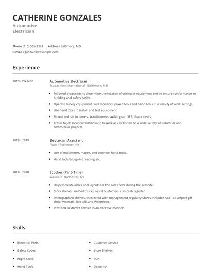 Automotive Electrician Resume