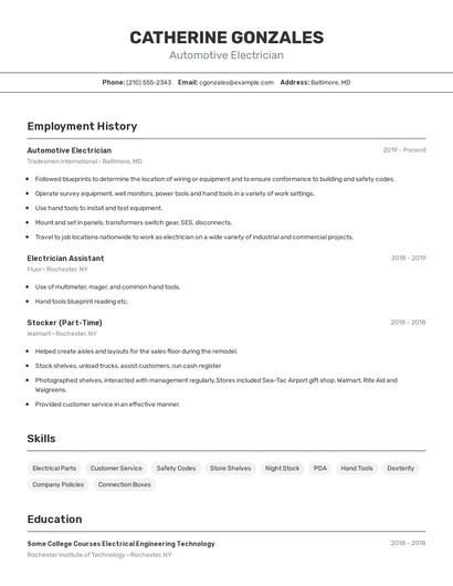 Automotive Electrician Resume