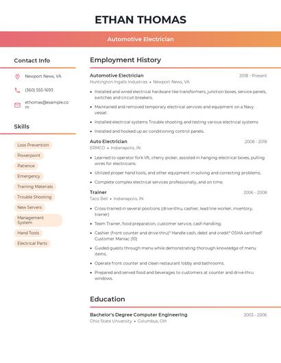 Automotive Electrician Resume