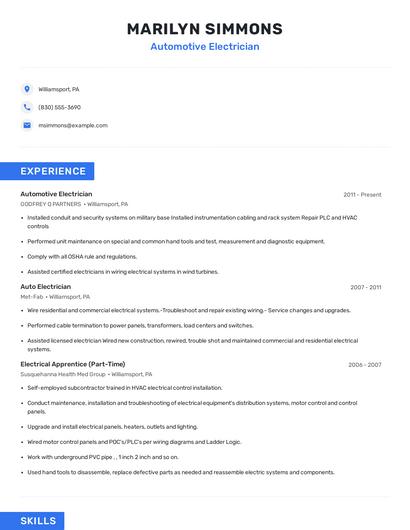 Automotive Electrician Resume