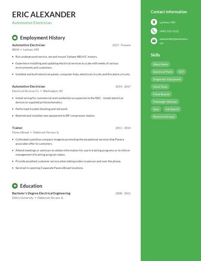 Automotive Electrician Resume