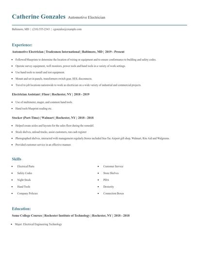 Automotive Electrician Resume
