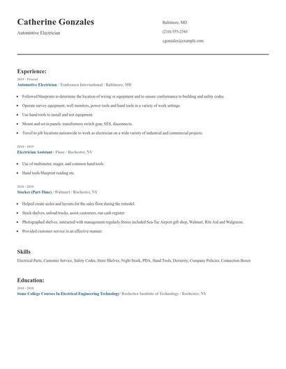 Automotive Electrician Resume