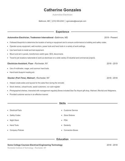 Automotive Electrician Resume