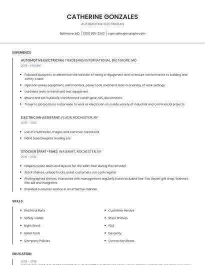 Automotive Electrician Resume