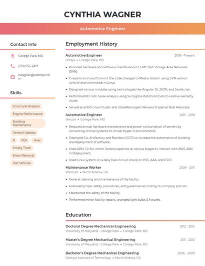 Automotive Engineer Resume