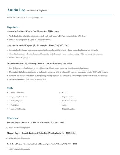 Automotive Engineer Resume