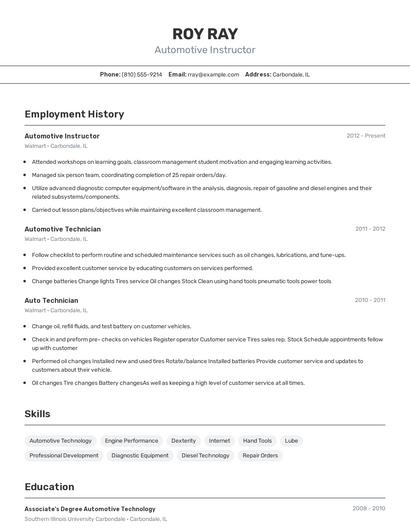 Automotive Instructor Resume