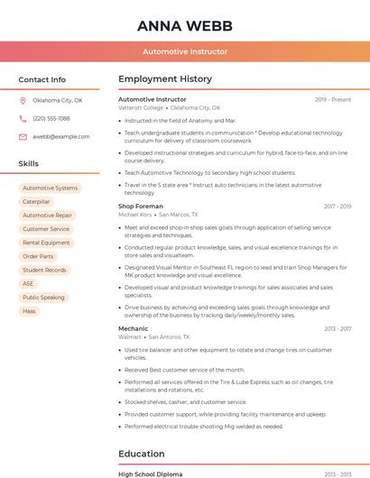 Automotive Instructor Resume