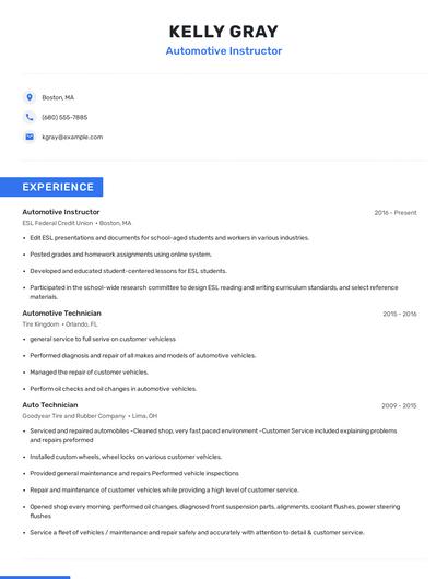 Automotive Instructor Resume
