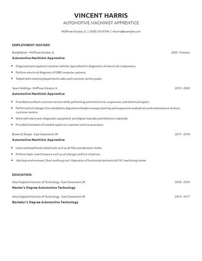 Automotive Machinist Apprentice Resume