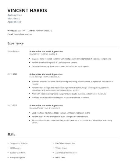 Automotive Machinist Apprentice Resume