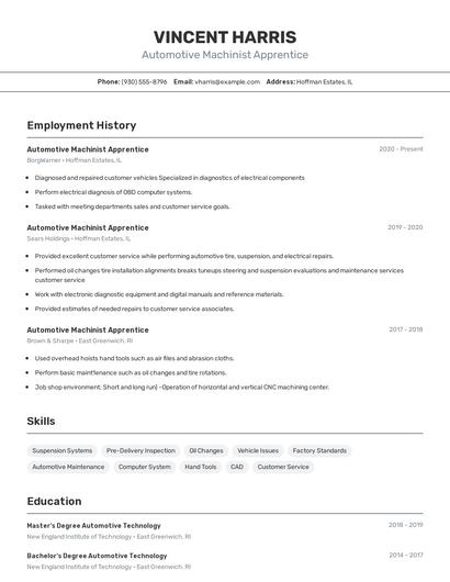Automotive Machinist Apprentice Resume
