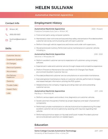 Automotive Machinist Apprentice Resume