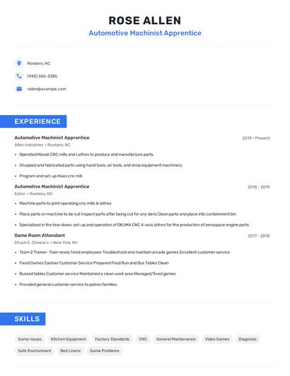 Automotive Machinist Apprentice Resume