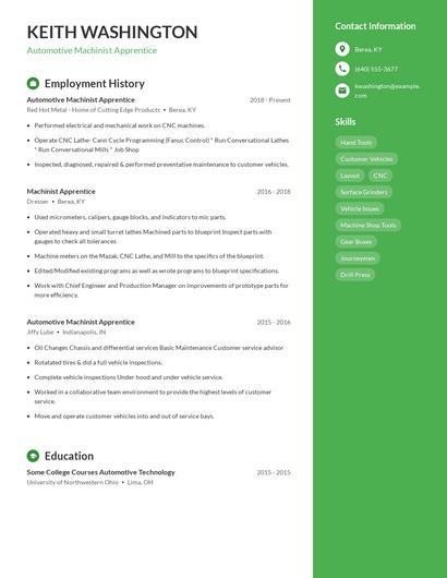 Automotive Machinist Apprentice Resume