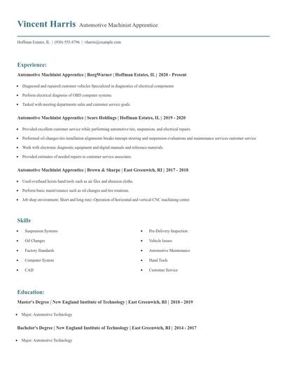 Automotive Machinist Apprentice Resume