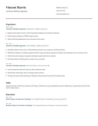 Automotive Machinist Apprentice Resume