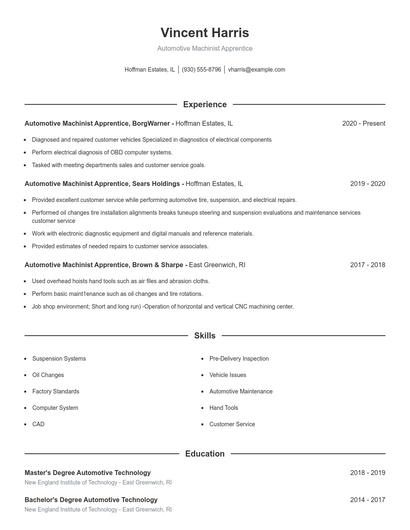 Automotive Machinist Apprentice Resume