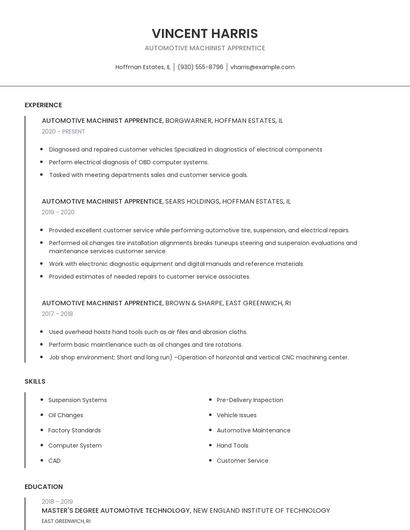Automotive Machinist Apprentice Resume