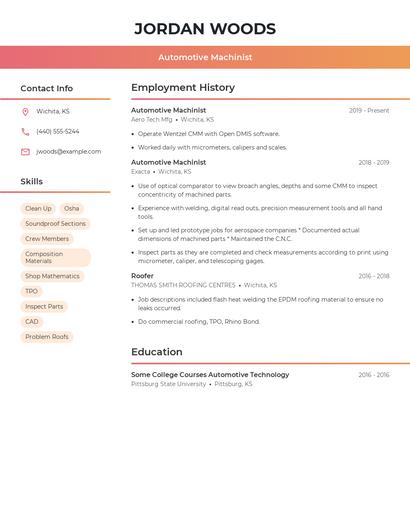 Automotive Machinist Resume